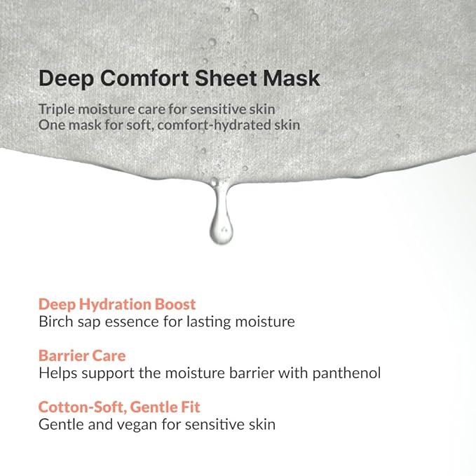 Deep Comfort Facial Sheet Mask, Hydrating & Soothing Barrier Care with Birch Tree Sap, Panthenol & Vegan Ceramide, Korean Skincare for Sensitive Skin, Vegan & Cruelty-Free (25g / 0.88 fl. oz) x 5ea