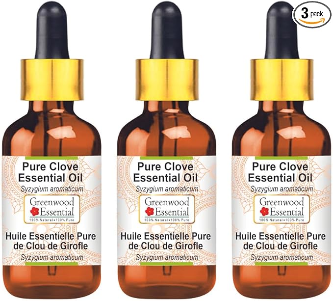 Greenwood Essential Pure Clove Essential Oil (Syzygium aromaticum) with Glass Dropper Steam Distilled (Pack of Three) 100ml X 3 (10.1oz)