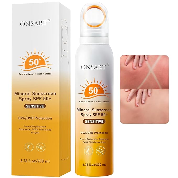 Mineral Sunscreen Spray SPF 50+ with Zinc Oxide, Reef Safe, Broad Spectrum UVA/UVB Protection for Face & Body, Water Resistant 80 Min, Non-Greasy 360° Ring Spray, 6.76 fl oz