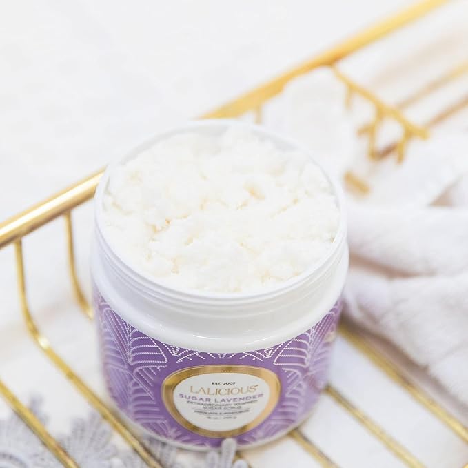 LALICIOUS Sugar Lavendar Sugar Scrub for Body, Exfoliating Body Scrubs for Women, Moisturizing Body Exfoliator with Coconut Oil & Honey for Radiant Skin, Zero Greasy, No Parabens | TRAVEL SIZE (2oz)