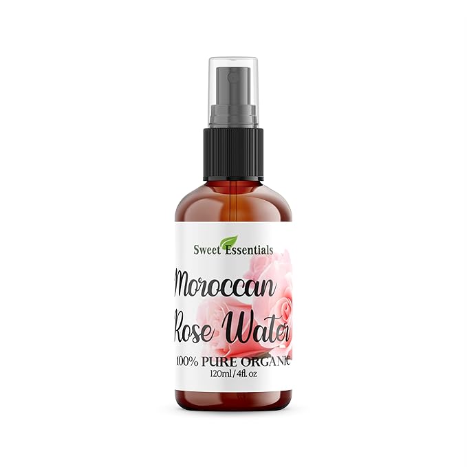 Premium Organic Moroccan Rose Water - 4oz Glass Bottle - Imported From Morocco - 100% Pure (Food Grade) Perfect for Reviving, Hydrating and Rejuvenating Your Face and Neck - By Sweet Essentials