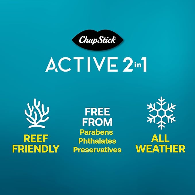 ChapStick Active 2-in-1 Unscented Flavored Lip Balm Tubes with Mineral Based SPF 25 Sunscreen - 0.18 Oz (Pack of 3)