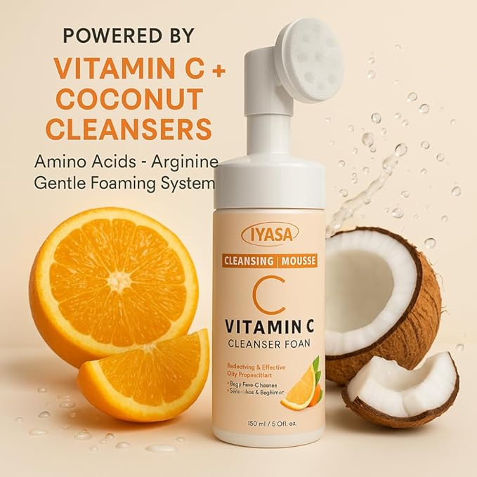 IYASA Vitamin C Foaming Face Cleanser – Gentle Daily Mousse With Amino Acids & Coconut Cleanser – Helps Remove Impurities & Supports Smoother-Feeling Skin – Suitable for Melanin-Rich Skin – 150 ml