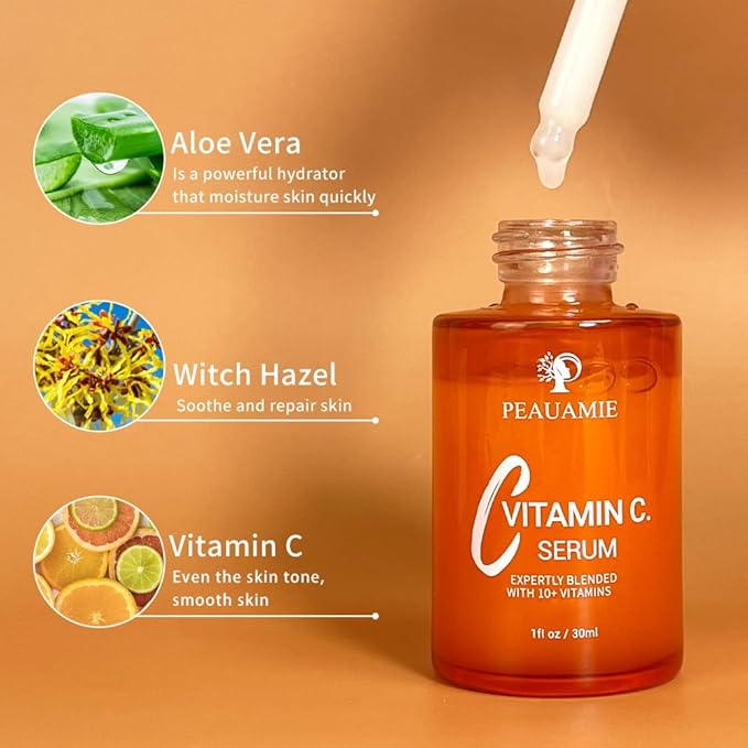Peauamie Vitamin C Serum for Face Anti Aging with 2% Hyaluronic Acid and 1% Retinol Ferulic Acid,Moisturizer for Fine Lines and Wrinkles 1 Fl Oz x 2 Pack