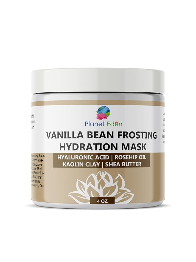 Planet Eden Vanilla Bean Frosting Face Facial Mask All Natural Spa Quality Skin Mask for Dry Dehydrated Skin Kaolin Clay, Vanilla Bean, Hyaluronic Acid, Aloe Extracts Soothing and Hydrating - 4 oz jar