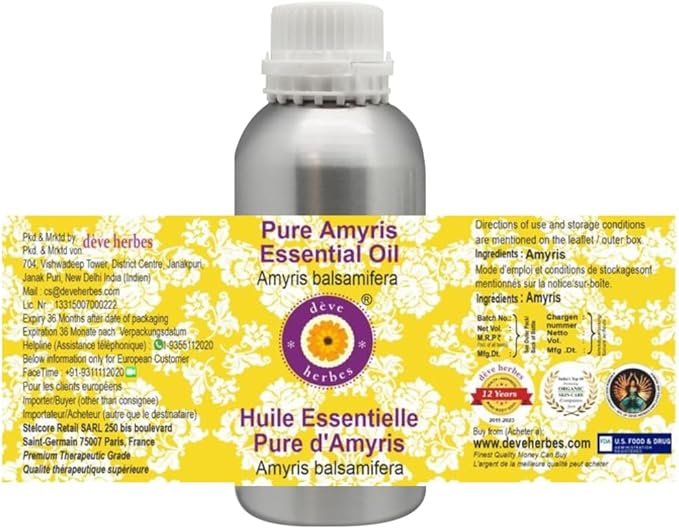 Deve Herbes Pure Amyris Essential Oil (Amyris balsamifera) Steam Distilled 630ml (21 oz)