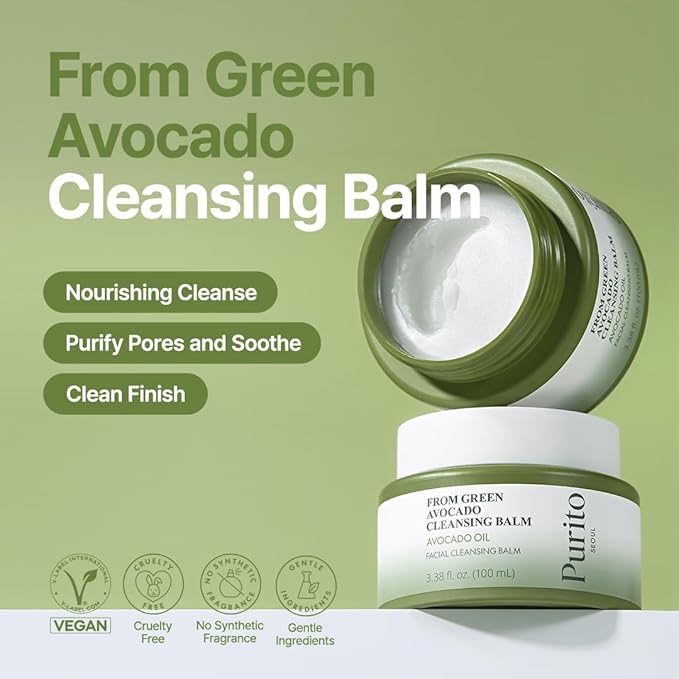 PURITO From Green Avocado Cleansing Balm 100ml / 3.38 fl. oz., Melt-In Moisture with Avocado Oil, Vegan, Cruelty-Free, Suitable for Dry Skin, Korean Skincare