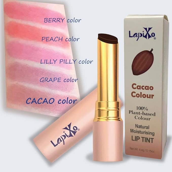 LAPIXO 100% Plant-based Color Lip Tint, Unique Formula, Natural + Moisturizing | 2-in-1 | Non-Toxic, All Food Ingredients, Antioxidant-rich, Natural Matte Sheer, Buildable, 4.4g/0.15oz (Cacao color)
