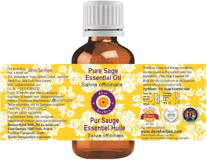 dève herbes Sage Essential Oil (Salvia officinalis) Pure | Non-Sticky | Non-Greasy | Lightweight | Men & Women | All Skin Types | Steam Distilled 10ml (0.33 oz)