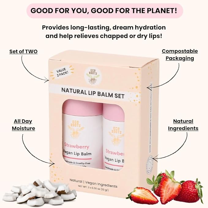 Strawberry Scented Lip Balm 2 Pack - Vegan and Organic Lip Moisturizer - Cruelty-Free, Eco-Friendly - Made in USA with Compostable Packaging - Artfully Crafted Lip Balm Set