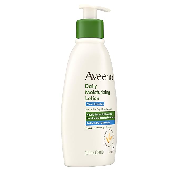 Aveeno Sheer Hydration Fragrance-Free Daily Moisturizing Lotion with Prebiotic Oat for Dry Skin, Lightweight, Fast-Absorbing Body Moisturizer Nourishes Skin with 48-hour Moisture, 12 fl. oz