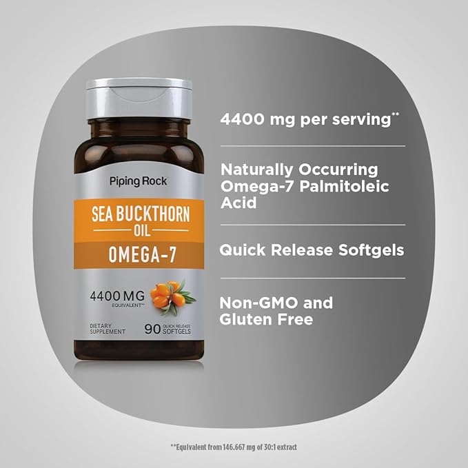 Piping Rock Sea Buckthorn Oil Capsules | 90 Softgels | Sea Buckthorn Berry Extract | with Omega-7 | Gluten Free, Non-GMO