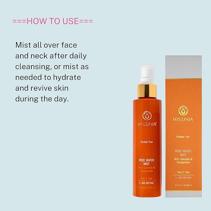 Hylunia Rose Water Mist - 5.1 fl oz - Calendula and Pomegranate - Natural Vegan Skin Repair