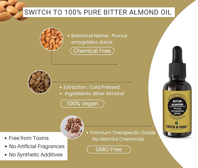 Earth N Pure Bitter Almond Oil | Cold Pressed, Therapeutic Grade for Body, Skin, Hair 50 ml