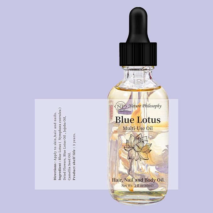 Blue Lotus Multi-Use Body Oil for Face, Hair & Skin – Lightweight Botanical Oil with Jojoba & Camellia Seed Oil, Hydrating Plant Fragrant Oil for Dry Skin, Scalp & Nails – 2 Fl Oz (60ml)