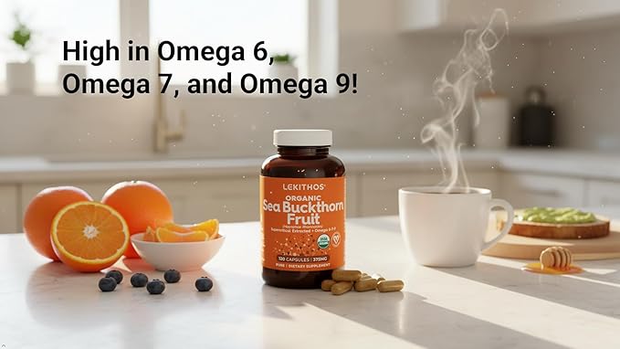 Organic Sea Buckthorn Capsules | Organic Omega 6-7-9 Complex | 1125mg Per Serving | Supports Skin Barrier and Inflammatory Response | USDA Organic, Vegan, Non-GMO, Gluten-Free | 120 Capsules
