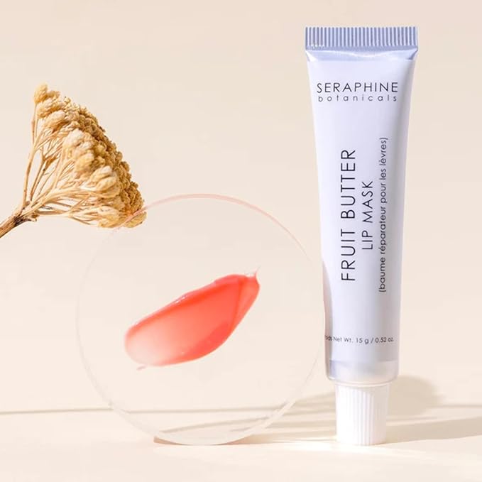 Seraphine Botanicals Fruit Butter Restorative Lip Mask Overnight Gel Balm with Shea Butter, Apricot Kernel & Jojoba Seed Oil – Vegan, Paraben-Free, Dewy Finish, Soft Tint 0.51oz (Just Bitten)