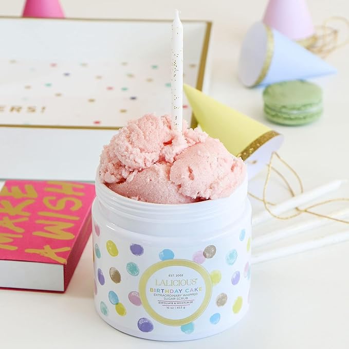 LALICIOUS Birthday Cake Extraordinary Whipped Sugar Scrub - Pink Shimmer Body & Foot Scrub, Exfoliating & Moisturizing Skin Care with Coconut Oil & Honey, No Parabens (16oz)