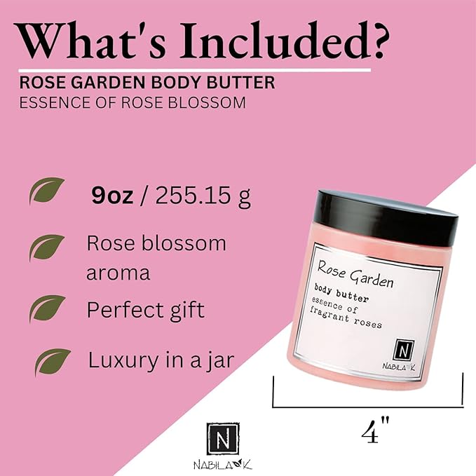 Nabila K Body Butter - Daily Moisturizer for Body Care - Skin Hydrating Deep Moisturizing - Natural Ingredients - Rose Garden - 9 oz