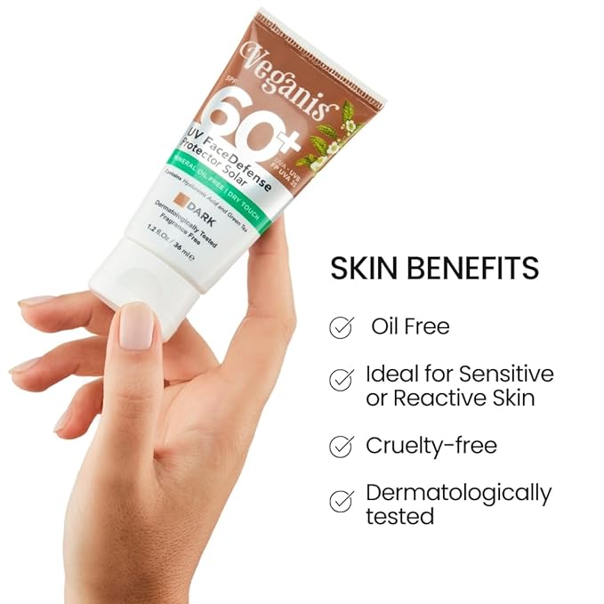 Sunscreen SPF 60 Dark Tone – Hyaluronic Acid & Green Tea – Tinted Face Sunscreen for Daily Use – Broad-Spectrum UVA/UVB & Blue-Light Protection – Hydrating Dry-Touch Vegan Formula