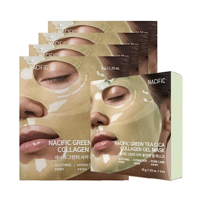NACIFIC Collagen Gel Facial Mask (Green Tea Cica) 4EA Set, Hydrogel Care for All Skin Types, Hydrating, Firming, Elasticity, Pore Minimizing, Glass Glow Skin, Korean Beauty