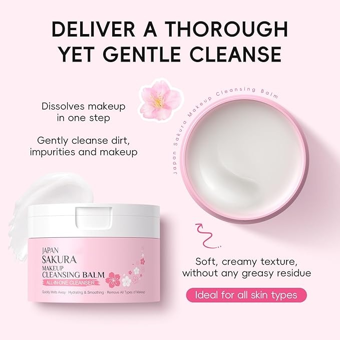 Sakura Makeup Cleansing Balm, All-in-One Cleanser Deep Cleansing Cream, Hydrating Cleanser for Face with Spatula, Dissolves Heavy Waterproof Makeup Remove for All Skin Types, 100 g/3.53 oz