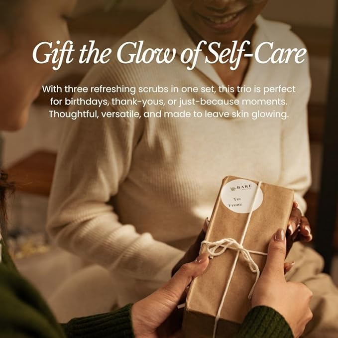 Bare Botanics 3 pc Body Scrub Gift Set - Ready to Gift Naturally Scented Sea Salt Scrub Made in Madison, WI - Formulated w/Skin Loving Moisturizers - Vegan, Cruelty Free Exfoliator w/a Cute Spoon
