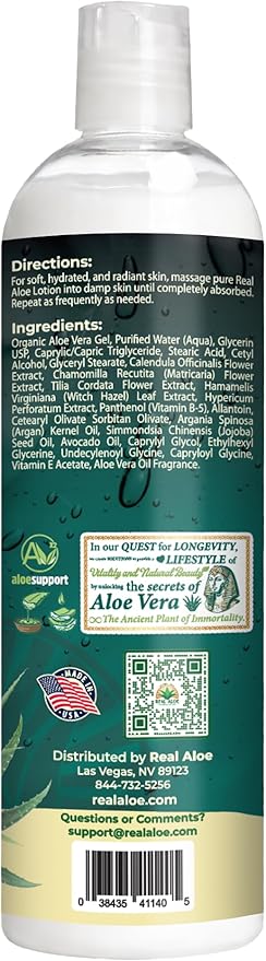 Real Aloe Aloe Vera Lotion (16 fl oz) | Organic Aloe for Face, Body & Hands | Lightweight, Fast-Absorbing Moisturizer | Non-Greasy Hydration for Dry & Sensitive Skin | Made in USA