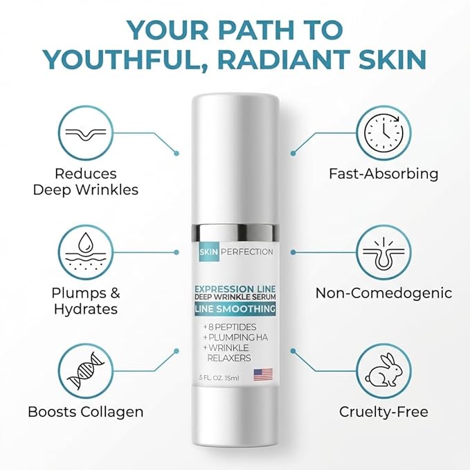 Skin Perfection Multi-Peptide Serum for Face with 8 Clinical-Strength Actives - Reduces Appearance of Expression Lines - Anti-Aging Formula with Matrixyl 3000, Argireline, Snap-8 1 oz