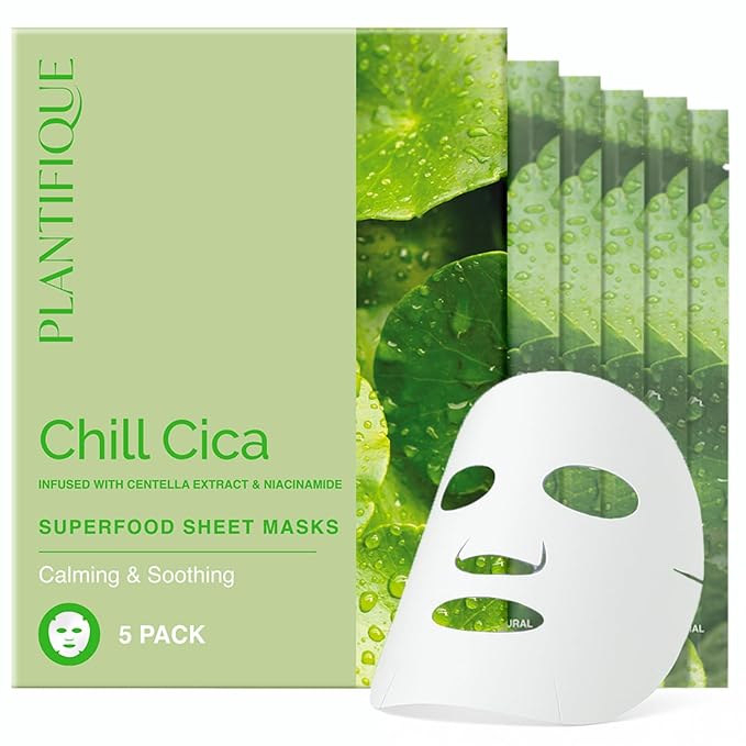 PLANTIFIQUE Facial Sheet Mask Chill Cica 5 Pack – Calming & Soothing and Korean Skincare Clay Mask – Hydrating Mud Mask with Avocado & Superfoods