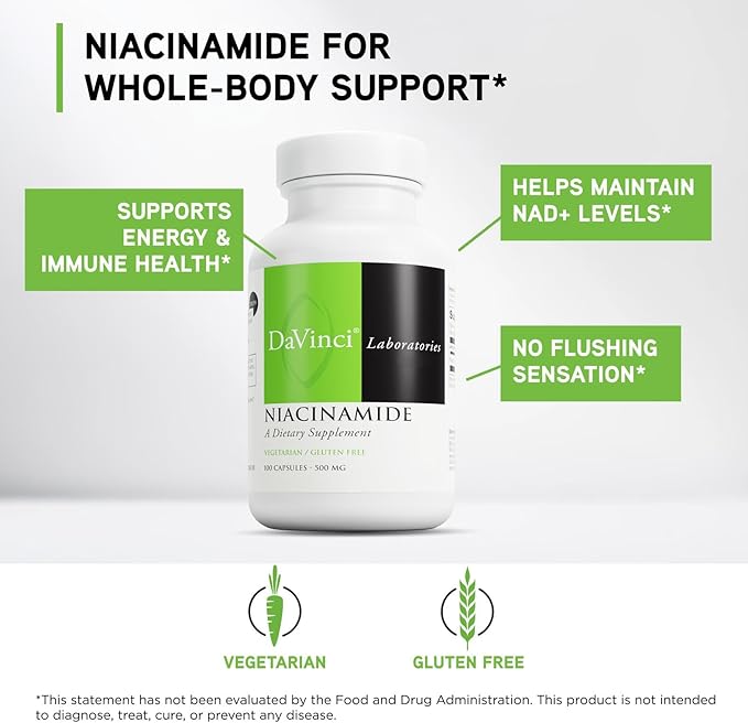 Davinci Labs Niacinamide - Dietary Supplement with Vitamin B3 to Support Fat Metabolism, Circulation and Healthy Skin* - with 500 mg Niacinamide per Serving - Gluten-Free - 100 Vegetarian Capsules