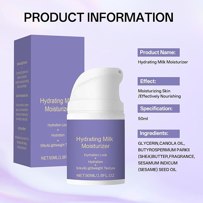Hydrating Milk Moisturizing Cream, Moisturizer Face Cream, Deep Moisturizing, Silky Light and Non-Greasy, Vegan Plant Formula, Suitable for All Skin Types, 50ml