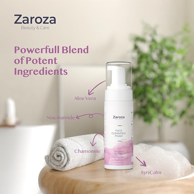 Zaroza Face Cleansing Foam – Gentle Daily Cleanser with Niacinamide, Hyaluronic Acid & Aloe Vera – Soothing, Hydrating Face Wash for Sensitive & Normal Skin – Vegan – 5 fl oz