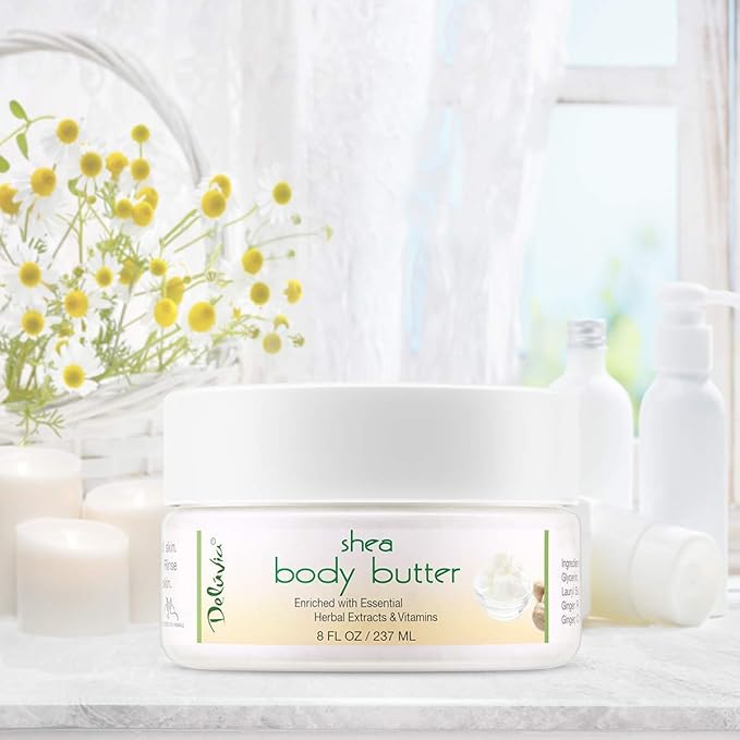 Deluvia Shea Body Butter - Raw Fair Trade Shea Butter, Organic Rose Hip Oil, Organic Lavender, Organic Jojoba Oil, Cocoa Butter & Dead Sea Minerals. Intense Moisturizing Body Cream.