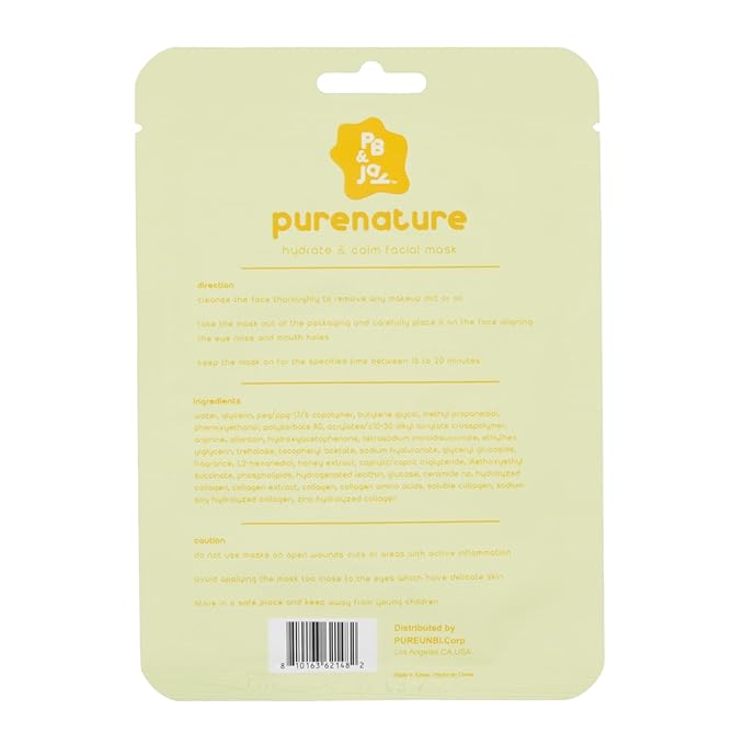 PB & JAY Purenature Facial Mask – Premium Quality Korean Sheet Mask for Dry Skin – Korean Collagen Essence Hydrating Facemask Sheet (Honey)