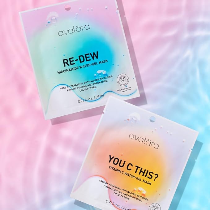 Avatara High-Key Glow 8-Pack Water-gel & Hydrogel Variety Sheet Mask Set, 2 Each: Hyaluronic Acid, Vitamin C, You C This?, Re-Dew | 0.71 fl. oz / 21 mL & 0.95 oz / 27 g
