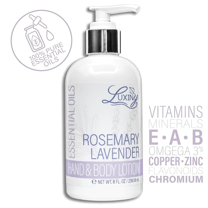 Luxiny Vegan Hand & Body Lotion for Dry Skin with Jojoba Oil & Vitamin E, Non-Greasy, Phthalate/Sulfate/Paraben-Free, Cruelty-Free, Good for Daily Use, 8 oz (Rosemary Lavender)