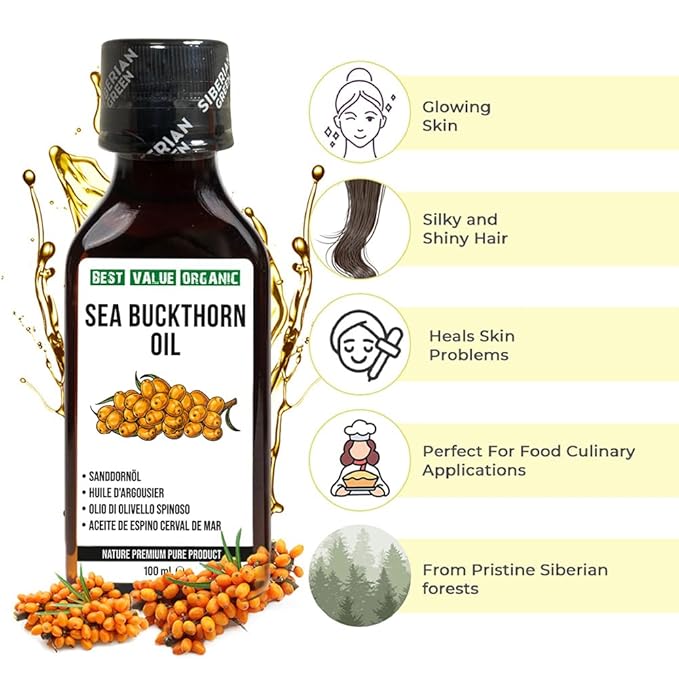 Siberian Sea Buckthorn Oil 100 Ml, Non-GMO, Unrefined, First Cold Pressed, Raw, Natural - 3.4 Fl Oz from wild harvested berries and seeds