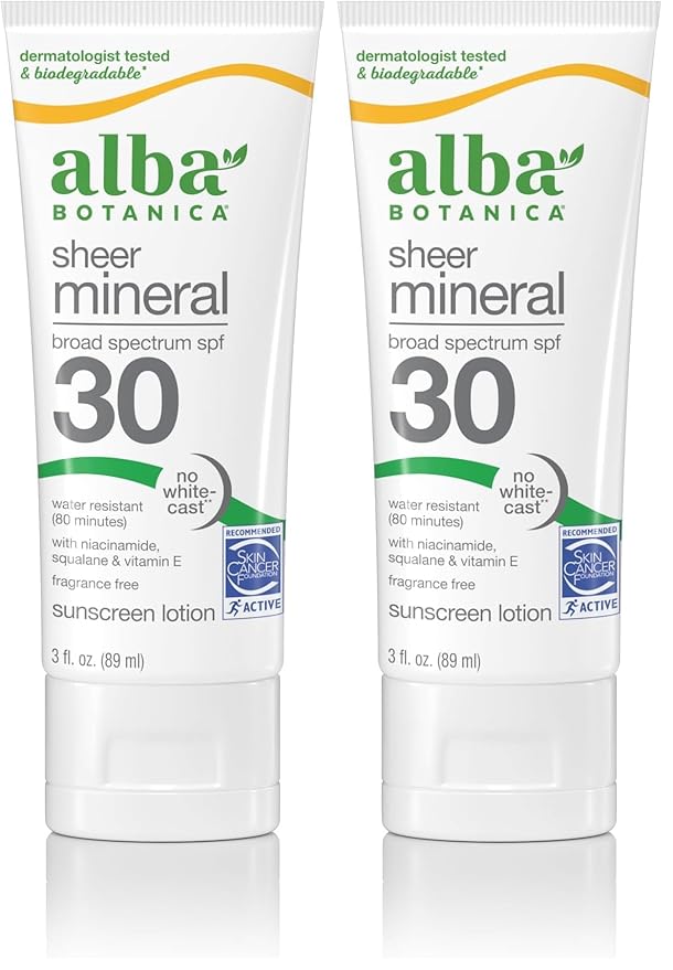 Alba Botanica Sunscreen Lotion, Sensitive Mineral, SPF 30, Fragrance Free, 3 oz (Pack of 2)