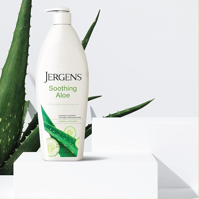 Jergens Soothing Aloe Body Lotion, Aloe Vera Body and Hand Moisturizer, Illuminating Hydralucence Blend, with Cucumber Extract, Dermatologist Tested, 21 Oz (Pack of 2)