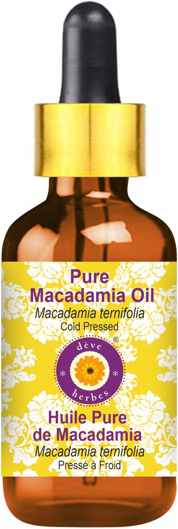 Deve Herbes Macadamia Oil (Macadamia ternifolia) with Glass Dropper | Cold Pressed | Pure | Natural | for Diluting Essential Oils | Skin & Massage | Non-Sticky| Lightweight| Unisex | 15ml (0.50 oz)