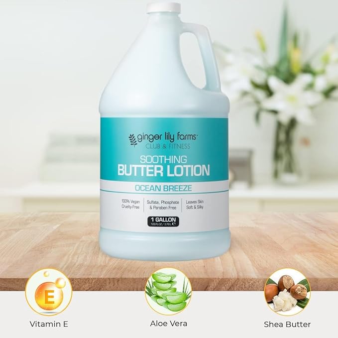 Ginger Lily Farms Club & Fitness Soothing Butter Lotion for Dry Skin, 100% Vegan & Cruelty-Free, Ocean Breeze Scent, 1 Gallon (Pack of 4)