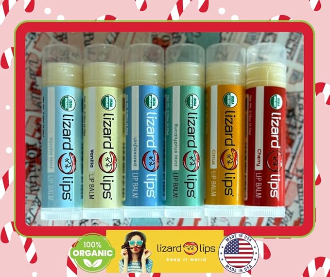 LizardLips Natural Lip Balm Set of 4 ;USDA Certification Lip Moisturizer; Vanilla, Vanilla Mint, Cherry, Citrus; Travel-Friendly Everyday Care; Fun Quirky Beach Vacation Essentials