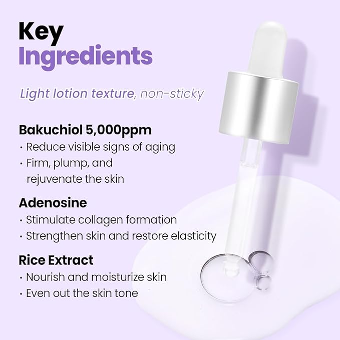 Glam Up Bakuchiol Serum & Hyaluronic Acid - Anti-Aging Retinol Alternative Serum, Blur Fine Lines, Anti-Wrinkles, Pore shrink and Soothing Pimples, Hydrate Facial Skin, Cruelty-Free (1.01 Fl Oz)