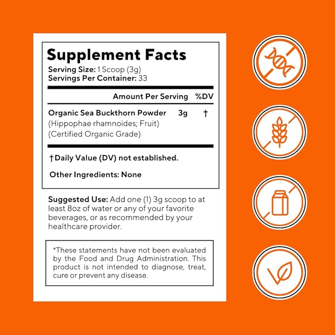 Organic Sea Buckthorn Extract Powder with Natural Omega 7 & Omega 3 6 9 for Heart Health, Skin, Immune Support - 100g Powder Supplement & 33 Day Supply - Non-GMO, Gluten-Free, Vegan-Friendly
