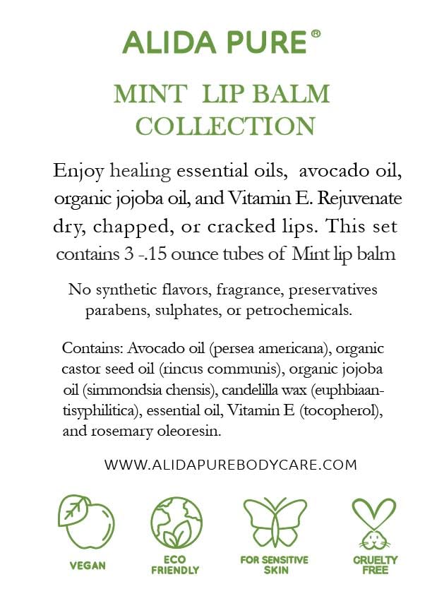 Mint Lip Balm Collection, Vegan Set, Beeswax Free, with Organic Jojoba and Avocado Oil, Vitamin E, Natural Moisturizer for Dry, Chapped Lips, 3 Tube Set