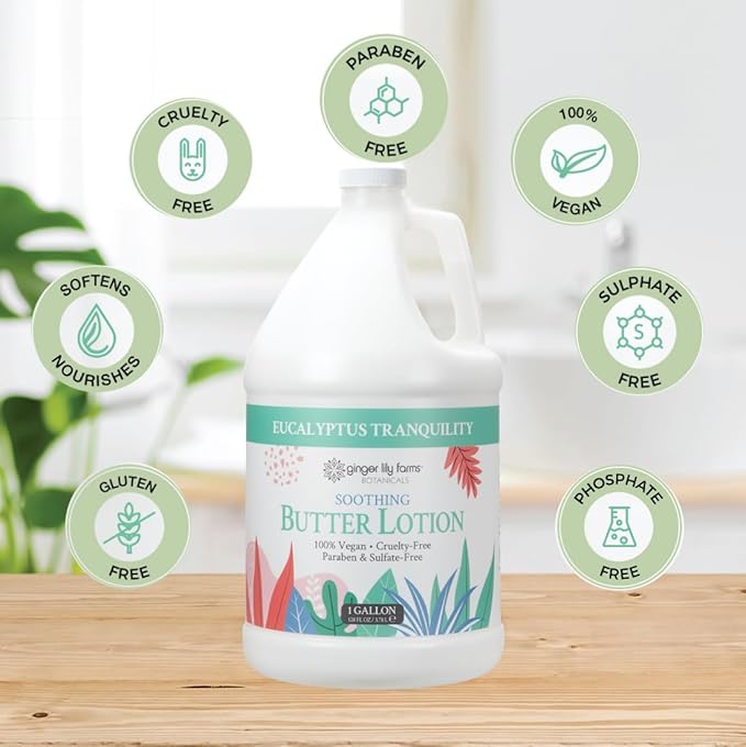 Ginger Lily Farms Botanicals Soothing Butter Lotion for Dry Skin, Eucalyptus Tranquility, 100% Vegan & Cruelty-Free, 1 Gallon (Pack of 4)
