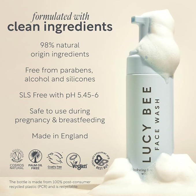 Lucy Bee Hydrating Foam Face Wash for Men & Women, Certified Natural Daily Face Wash with Ginseng, Dermatologist Approved for Sensitive Skin, Safe for Teen Skin, 5.07 fl oz.