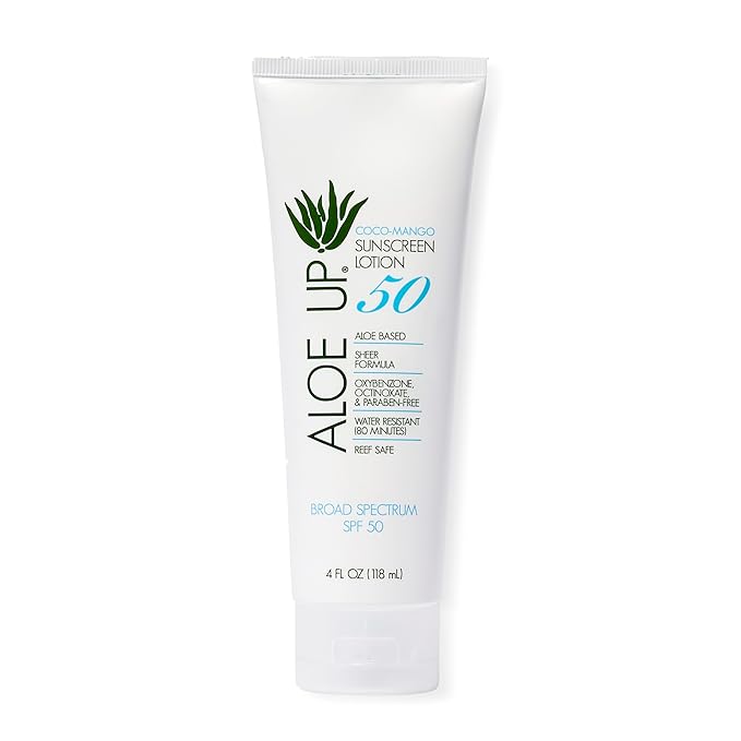 Aloe Up White Collection SPF 50 | Sunscreen Lotion for Face & Body with Aloe Vera Gel | Water Resistant up to 80 Minutes | Reef Friendly, Non Greasy, Fast Absorbing | Coco Mango Fragrance 4 Oz