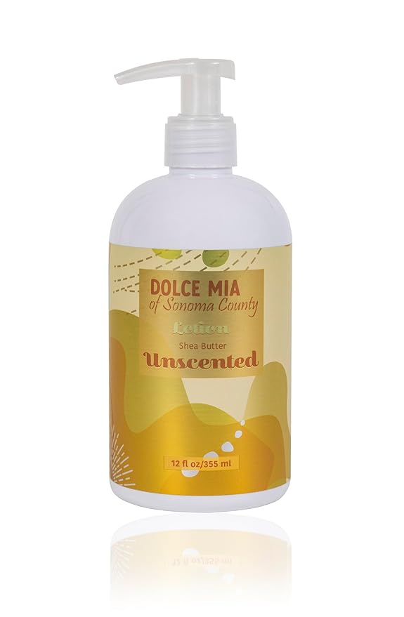 Dolce Mia | Shea Butter Lotion with Organic Botanicals | Unscented | Fast & Deep Absorbing Moisturizer for Face and Body | Hypoalergenic | Fragrance Free | Vegan and Cruelty Free | 12 oz